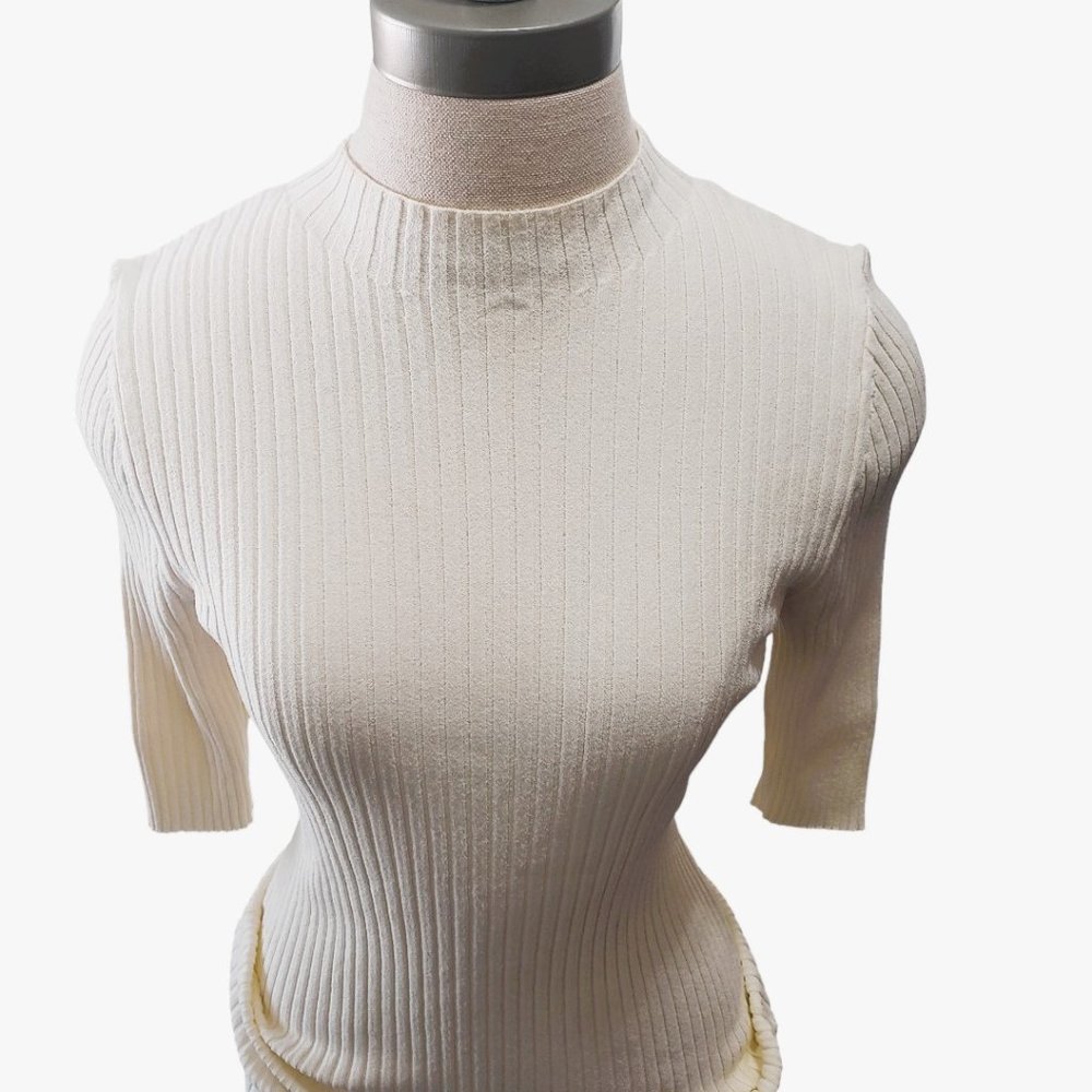 CT771 Nordstrom Signature Short Sleeve Crew Neck Ribbed Cream Sweater